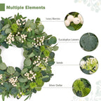 GENMOUS 24Inch Artificial Eucalyptus Wreath for Front Door, Christmas Wreaths with Ivory Berries Silver Dollar, Green Wedding Home Wall Door Hanging Decor All Seasons, Holiday Thanksgiving Halloween