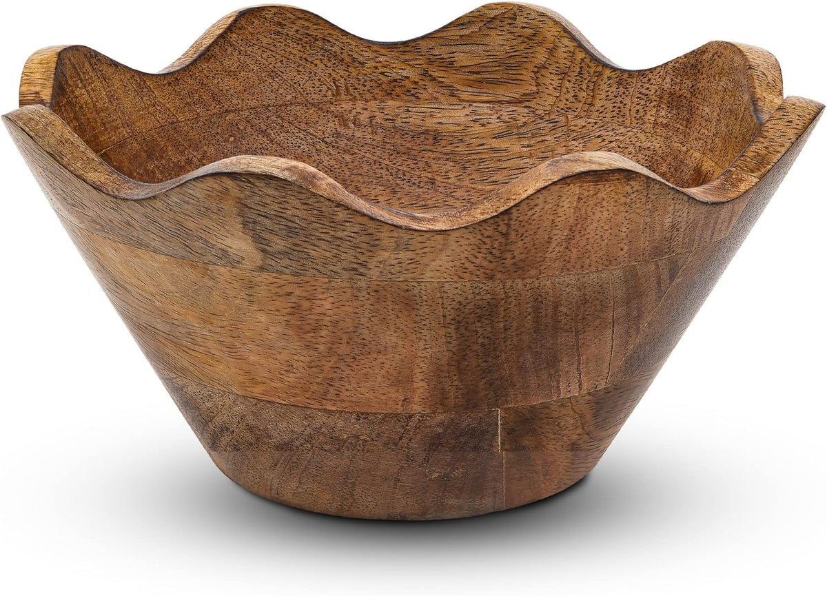 Mela Artisans Wooden Scalloped Bowl - Small | Ruffle Decorative Style | Rustic Kitchen Decor | Mango Wood | Natural Grain Finish | Fits Bread, Fruits, Salad or Popcorn | 8” x 4” x 7”