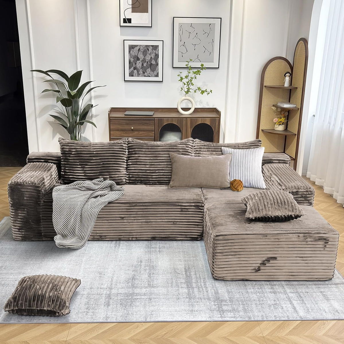 104" Modern Modular L-Shape Sofa Couch with Chaise Light Coffee Faux Rabbit Fur Cloud Sectional Couch with Deep Seat Modular Sectional Sofa No Assembly Required Upholstered Couches for Living Room