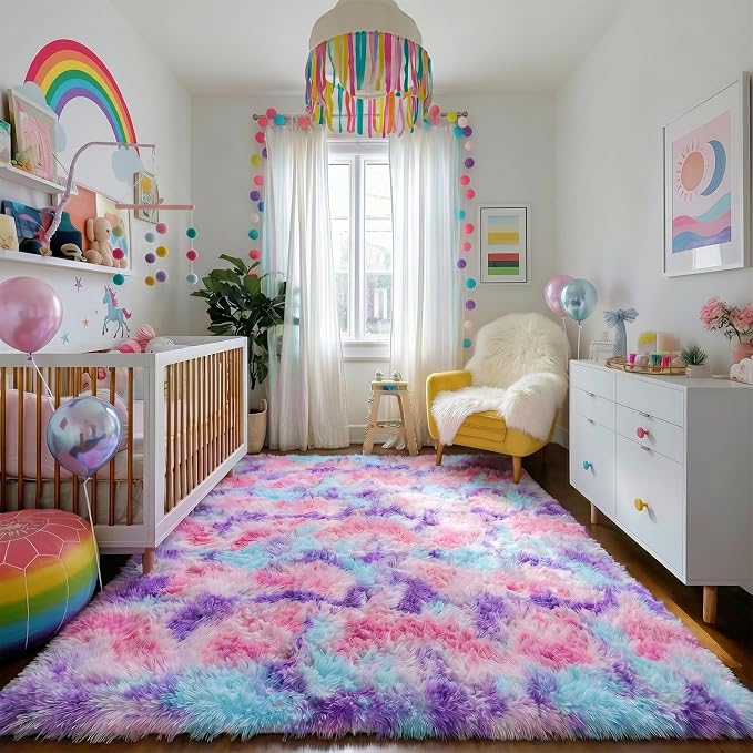 Amdrebio Pink Blue Purple Big Shaggy Rug 6x9 - Image 6