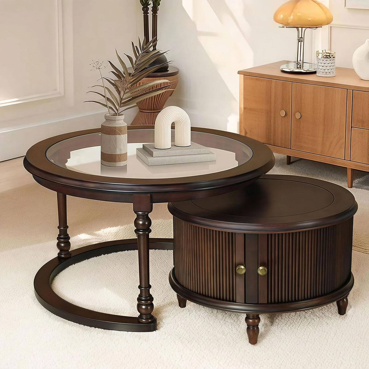 31.5'' Nesting Coffee Table Set of 2, Solid Wood Round Nesting Coffee Table Fluted with Storage, Brown Modern Coffee Table Set for Living Room Office