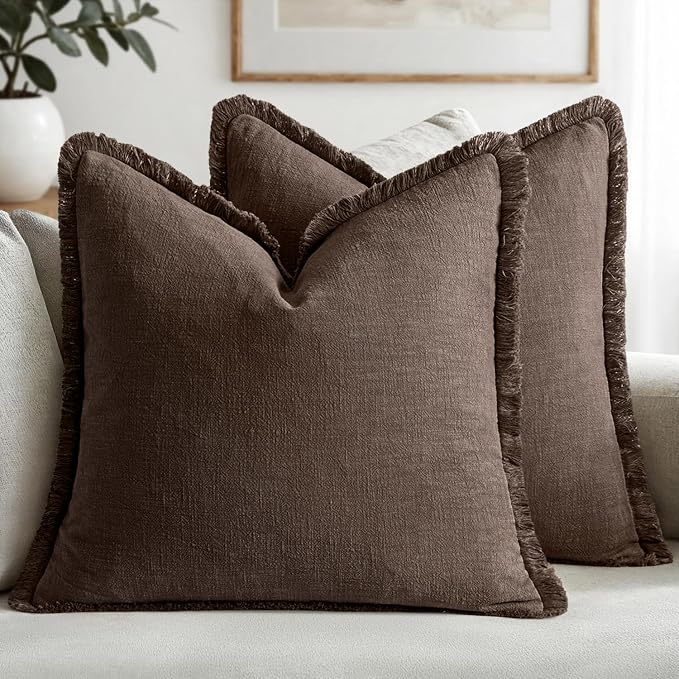 MIULEE Boho Linen Fringe Decorative Fall Pillow Covers Reddish Brown 16x16 | by MIULEE