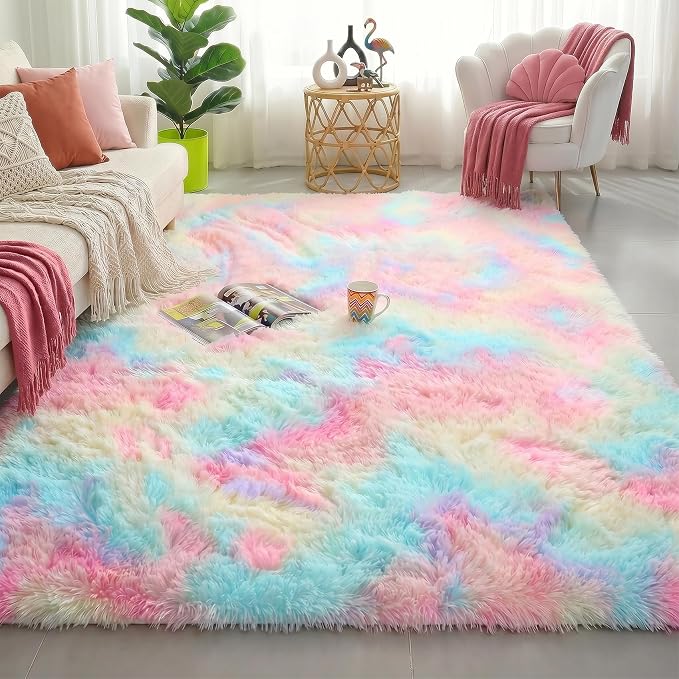 Amdrebio Rainbow Unicorn Pastel Shag Area Rug 5x7 by Amdrebio