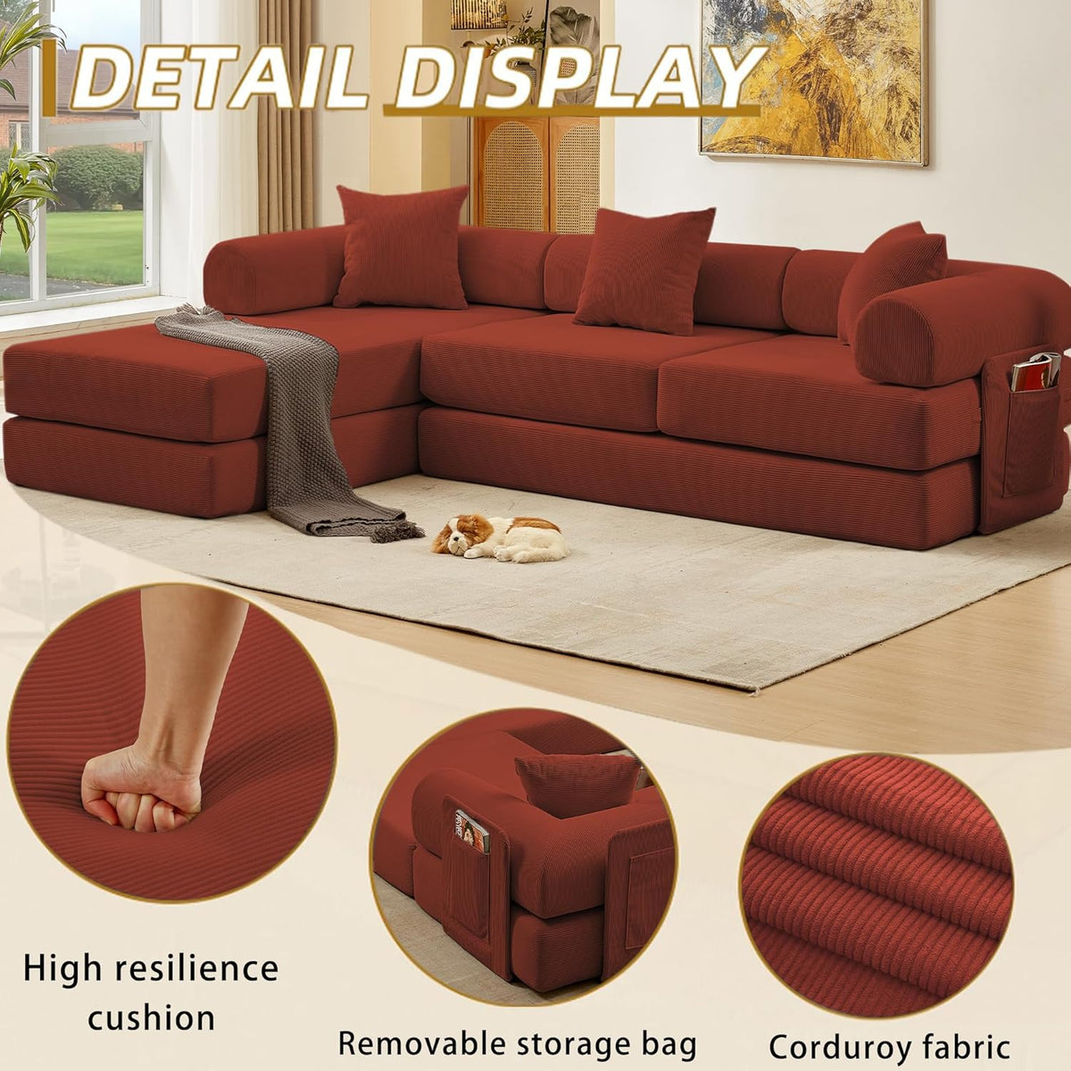 107" Oversized Convertible Sleeper Sofa Bed, Corduroy L Shape Sectional Couch, Folding Sofa Bed with Side Pocket, Modern Cloud Floor Mattress Couch, Modular Sofa for Living Room, Red