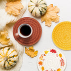 Whaline Fall Coasters Maple Leaves Handmade Braided Cotton Drink Coasters Orange Yellow Non-Slip Absorbent Cup Mats for Autumn Thanksgiving Table Protection Birthday Housewarming Gift Home Decor, 4Pcs