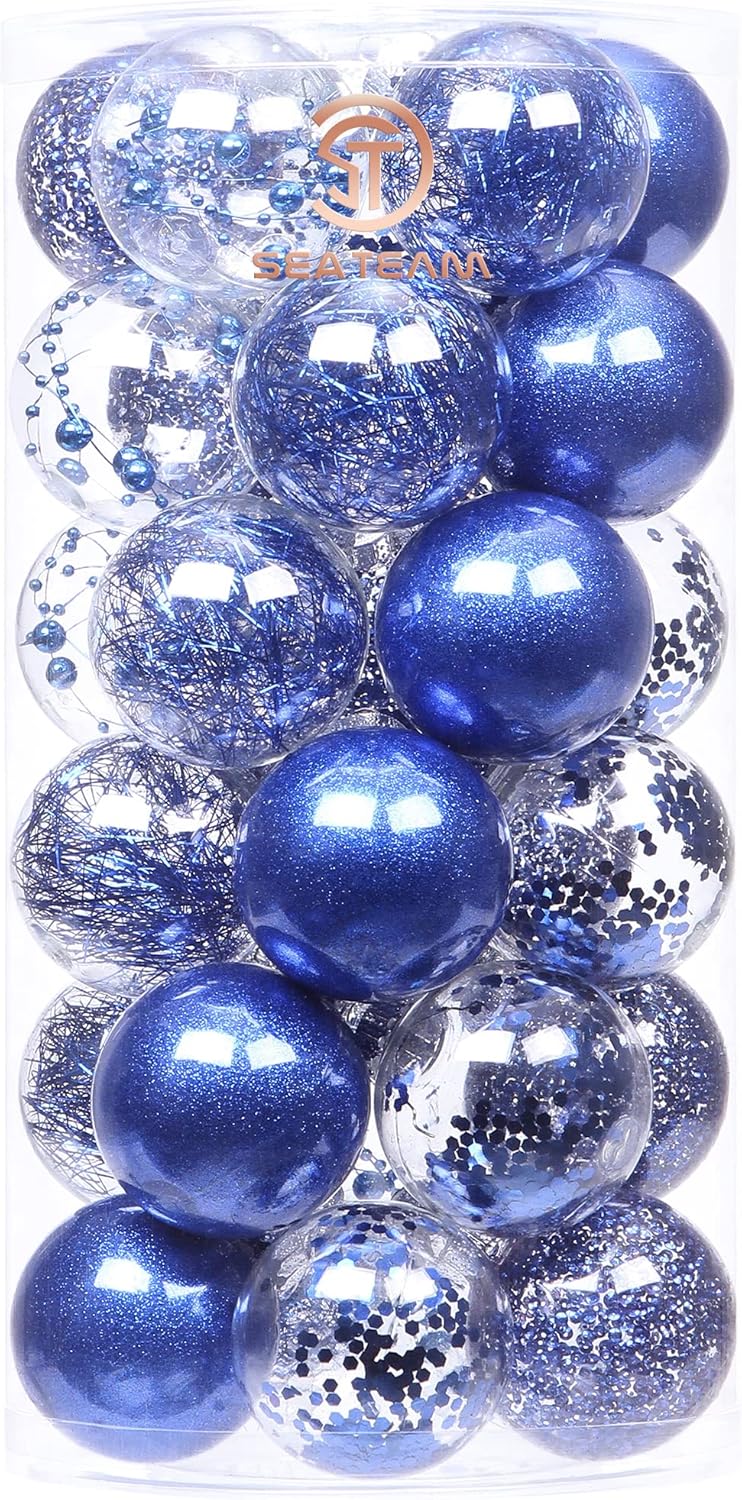 Sea Team Shatterproof Clear Plastic Christmas Ball Ornaments Decorative Xmas Balls Baubles Set with Stuffed Delicate Decorations (60mm/2.36 inch 30-Pack, Royal Blue)