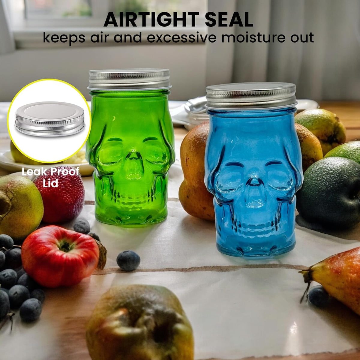 Generic 14 oz Colorful Skull Glass Mason Jar – Mix & Match 7 Vibrant Colors, Large & Durable! (Blue)