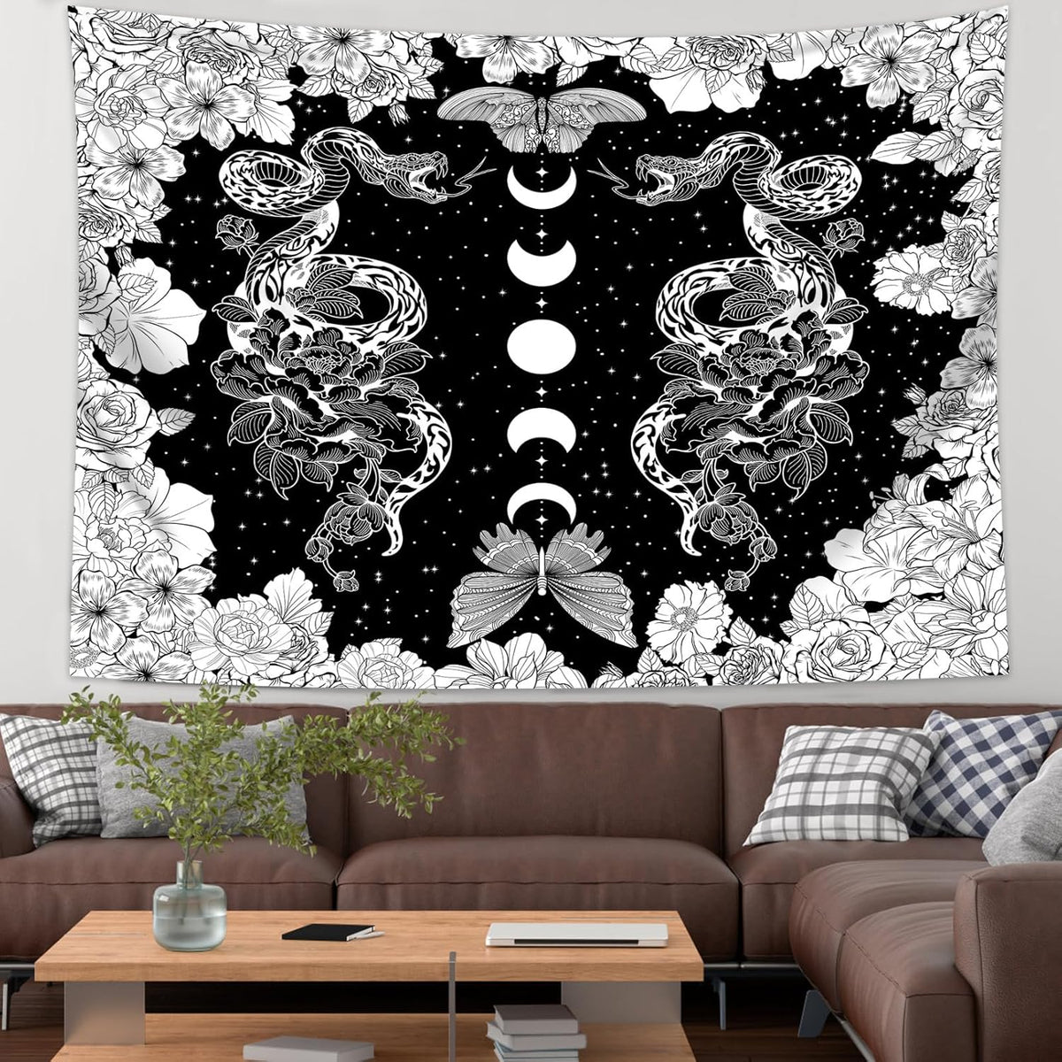 dueeia Moon Phase Witchy Tapestry Wall Hanging Snake Witch Occult Black and White Dark Tapestries for Bedroom Aesthetic Living Room Wall Decor (90.6"x70.9")