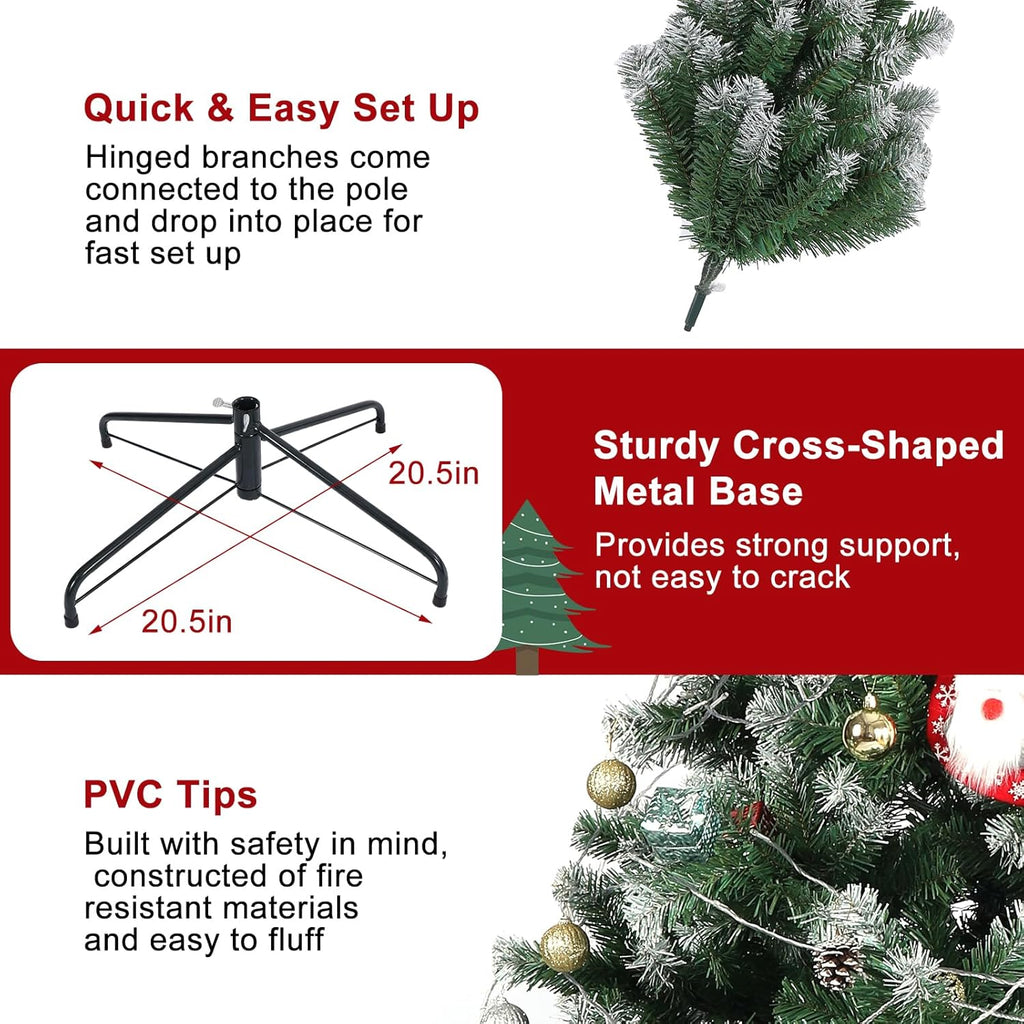 olelo 7.5 ft Artificial Christmas Tree, Snow Flocked Xmas Tree with 500 Lights, 1200 Branch Tips, 60 Decorative Pendant & 3 Decorative Socks, Metal Hinges & Foldable Base