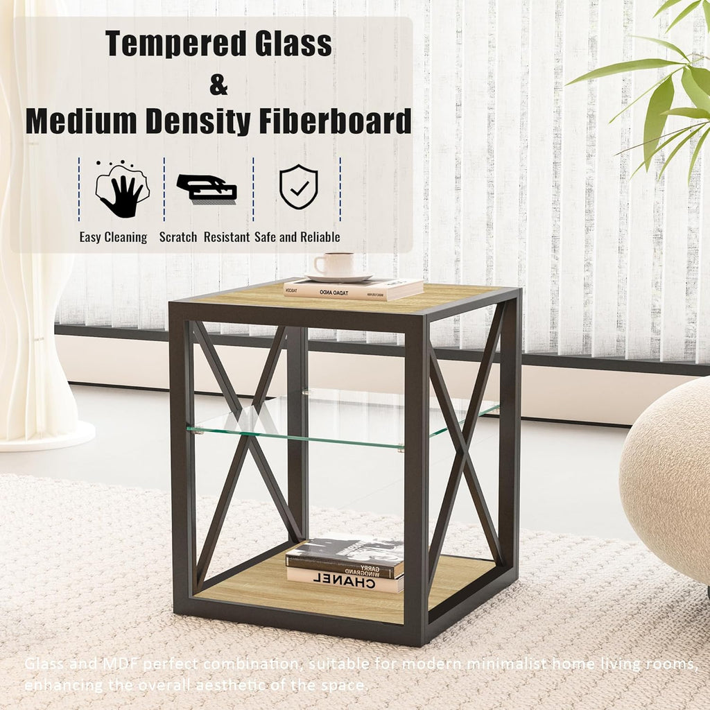 Farmhouse End Table Set of 2, Modern Side Table with 3-Tier Storage Shelf, Square Rustic Nightstand, Accent Tea Table, for Bedroom Office Living Room, Brown, Natural Wood, Glass, Metal