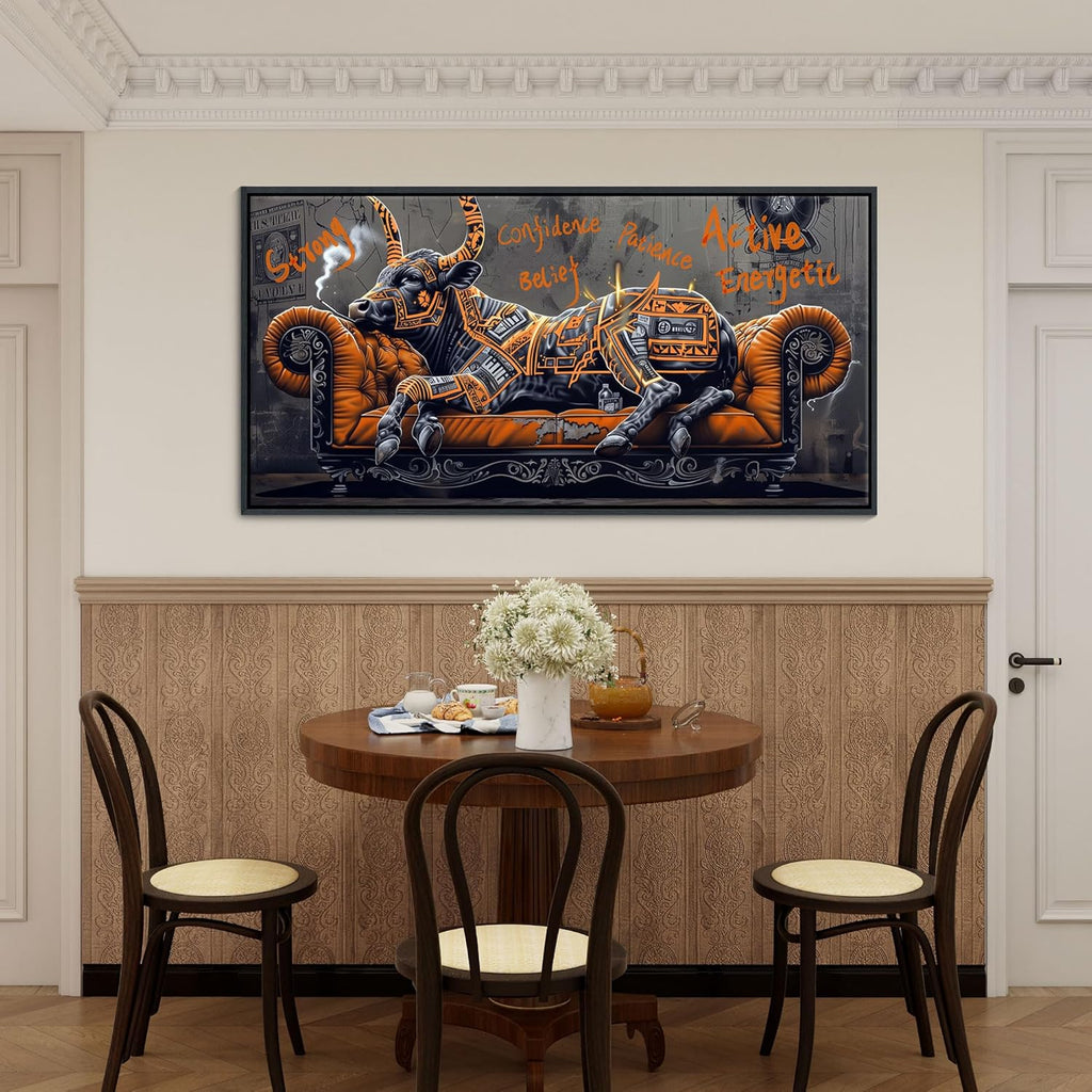 JEAWA Framed Canvas Wall Art - Large Creative Wall Art for Bedroom Living Room Bathroom, Modern Artwork Decor for Home Decoration, Strong Bull Color Graffiti, 29x58 IN