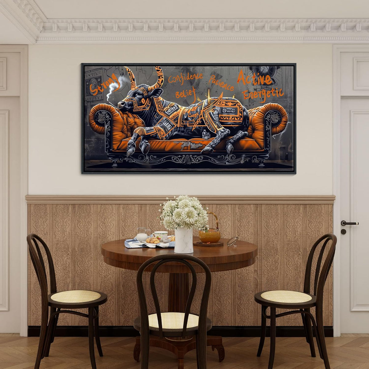 JEAWA Framed Canvas Wall Art - Large Creative Wall Art for Bedroom Living Room Bathroom, Modern Artwork Decor for Home Decoration, Strong Bull Color Graffiti, 29x58 IN