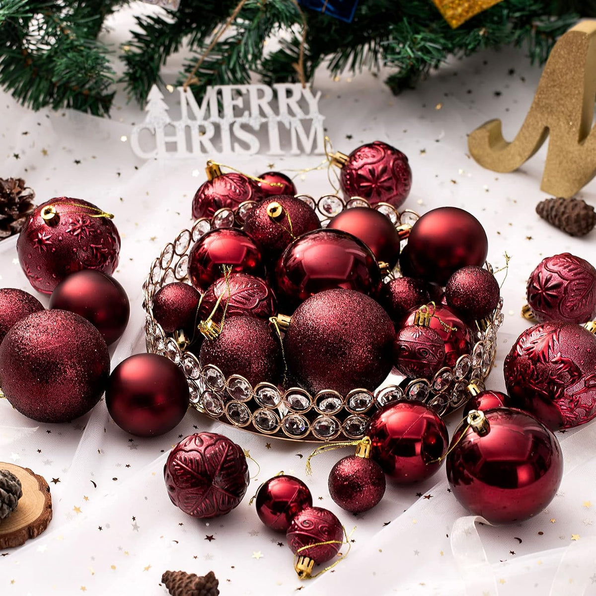 Christmas Ornaments for Xmas Trees,Burgundy Shatterproof Christmas Ball Ornaments