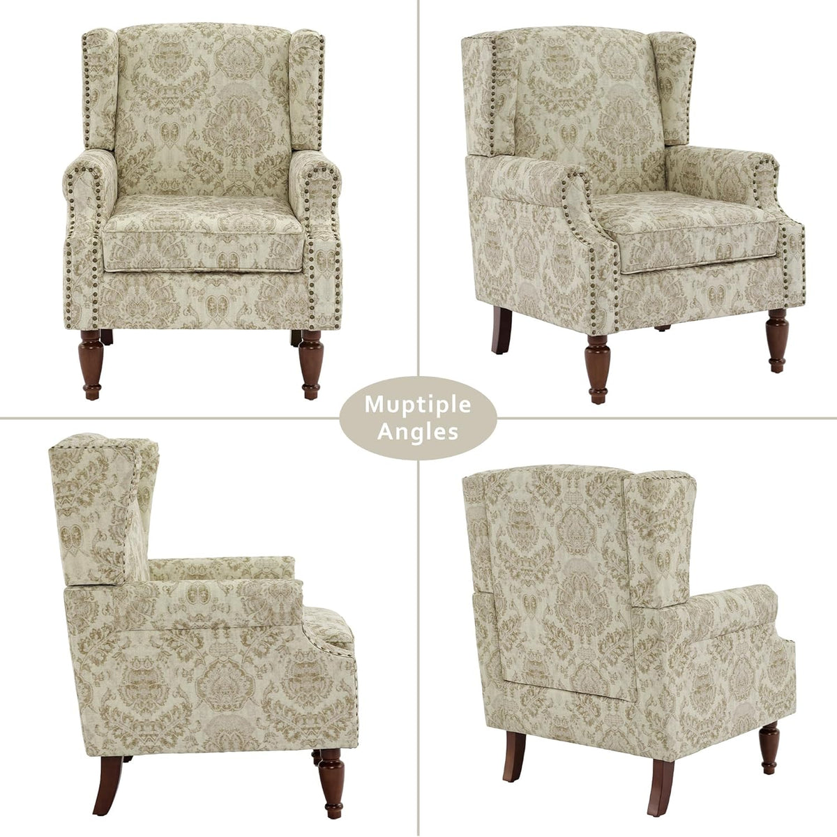 Lumibee Wingback Accent Chair, 2 Set High Back Floral Armchairs in Fabric,Comfy Upholstered Reading Single Sofa Chairs with Solid Wood Legs for Living Room,Bedroom,Office-White