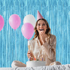 12 Pack Party Decorations, 3.28 FT x 7.05 FT Sky Blue Curtains, Metallic Party Streamers Photo Booth Backdrop Foil Fringe Curtains, Light Blue Winter Wonderland Backdrop Birthday Decor