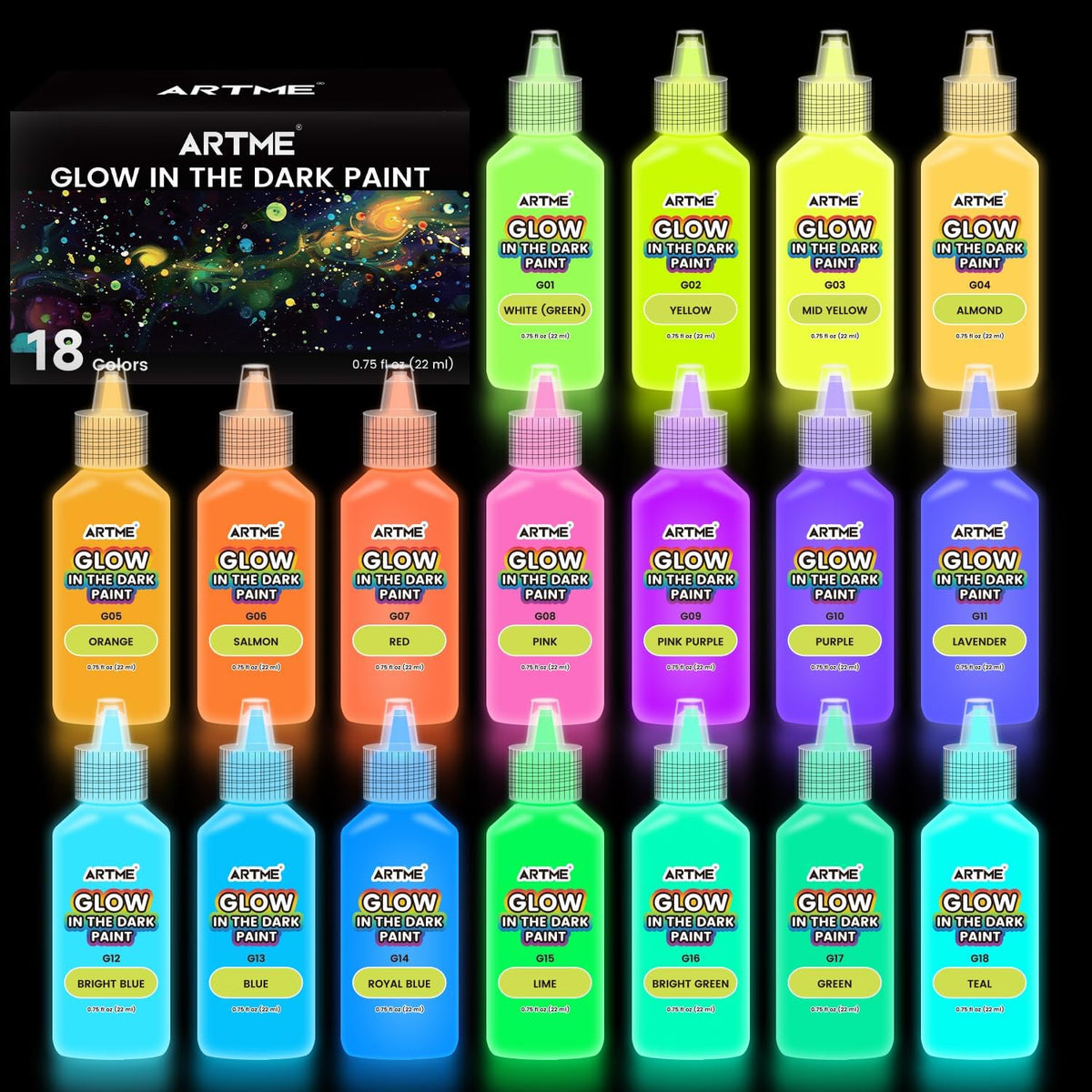 ARTME Glow in The Dark Paint, 18 Bright Colors 22ml/0.75oz Blacklight Paint Set, Neon Craft Paints, Glow Fluorescent Acrylic Paints Perfect for DIY projects, Halloween and Christmas Decorations