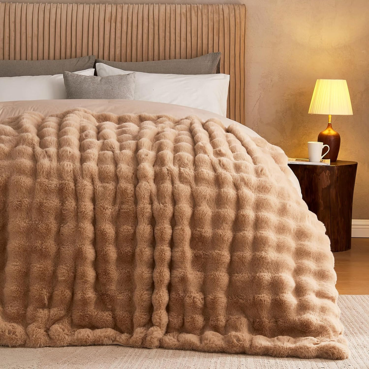 Lotus Karen Faux Fur Throw Blanket Khaki - Big Bubble Rabbit Fluff Blanket for Couch, Small Fluffy Fuzzy Cozy Blanket, Thick Furry Plush Shaggy Blankets, 50x60 Inches