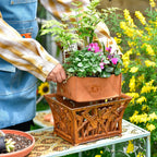 Sungmor Heavy Duty Cast Iron Planter Basket w/Non-Woven Growing Bag, Unique Shape & Beautiful Pattern Design, Hollow Orchid Flower Pot Garden Tools Holder, Full Rusted French Country Decor Container