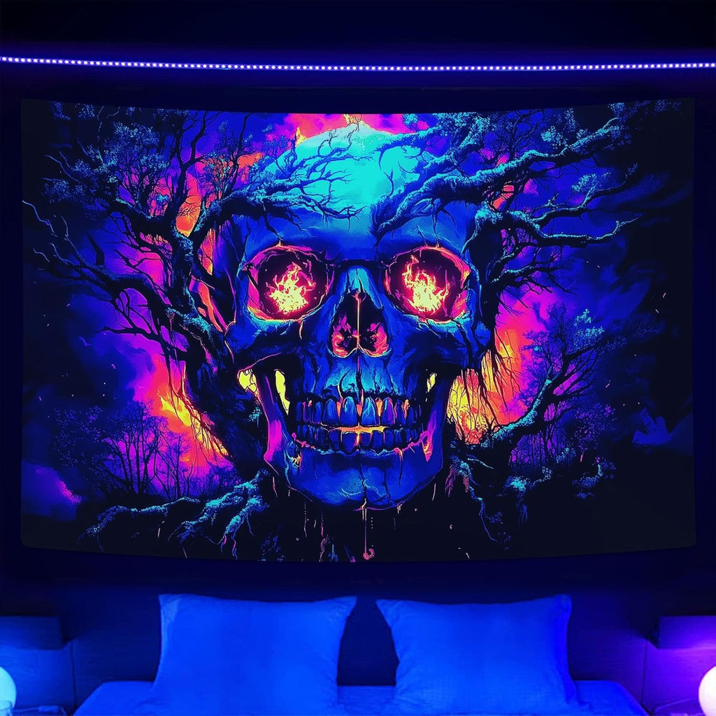 Xiaoput Blacklight Fire Skull Tapestry for Bedroom, Trippy UV Reactive Burning Skeleton Forest Wall Hanging Tapestries, Scary Dark Horror Glow in the Dark Tapestries for Living Room Home Dorm 80X60IN