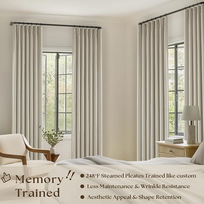 Oatmeal Pleated Linen 100% Blackout Curtains 90 Inches Long - Image 2
