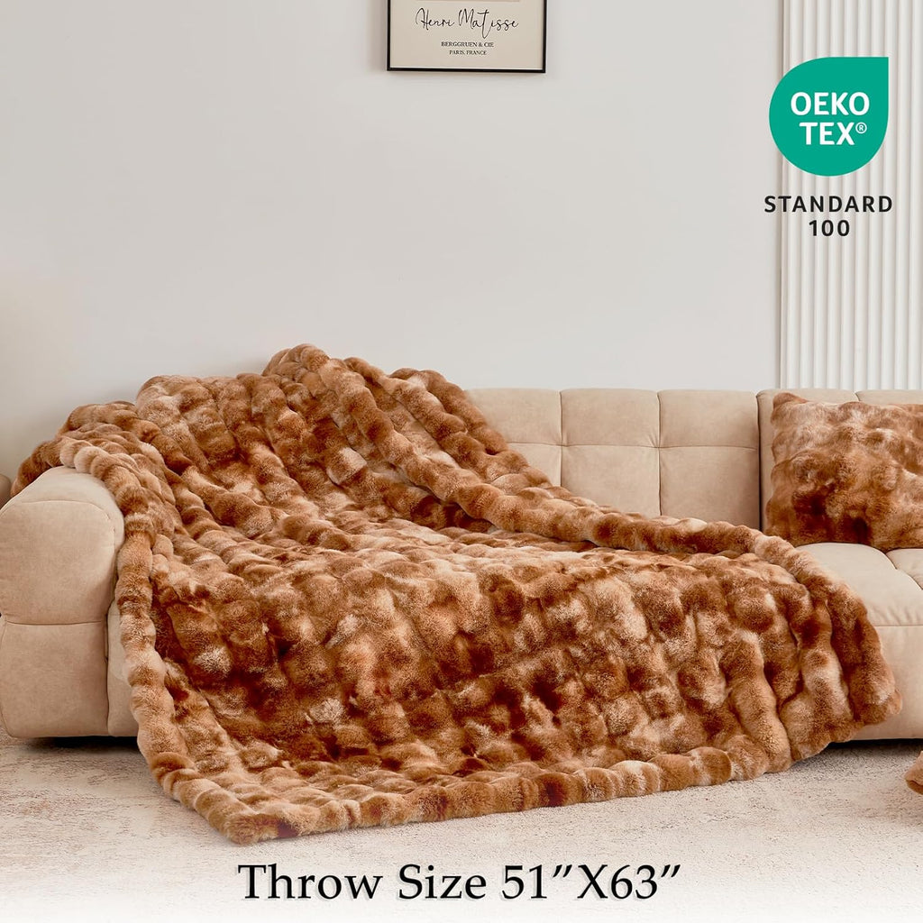 BENVWE Faux Fur Throw Blanket for Couch - Fluffy Soft Thick Bubble Blanket for Living Room Home Decor - Fathers Day Birthday Gifts for Women Men, Tie-dye Caramel, 50" x 60"