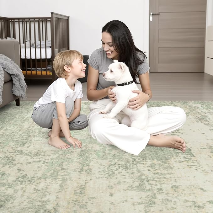3x14 Washable Runner Rug：Modern Abstract Soft Carpet Green Cream | - Image 2