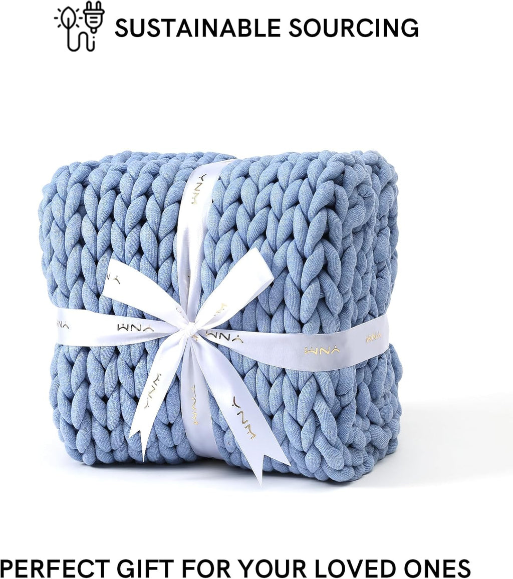 YnM Chunky Throw Blanket, Medium-Weight, Hand Knitted, Skin Friendly, Ventilated and Breathable, Machine Washable, Home Décor Piece for Couch, Sofa and Bed (Cerulean Blue, 50x70 Inch)