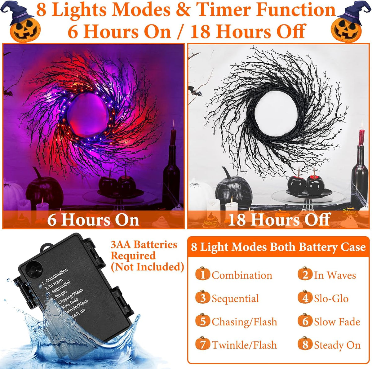 7 Ft Halloween Decorations Willow Vine Twig Garland with 8 Modes Timer 63 LED Orange Purple Lights, Halloween Garland with Waterproof Battery Operated for Wall Fireplace Decorations Indoor Outdoor