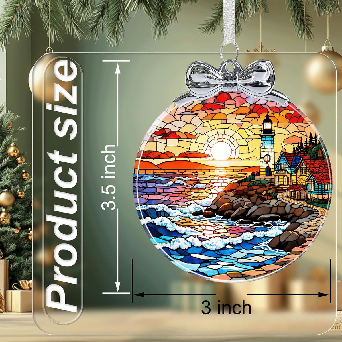 Lighthouse Stained Glass Christmas Ornament - Hanging Ornaments for Christmas Tree Decorations -Holiday Keepsake Present Exchange Idea