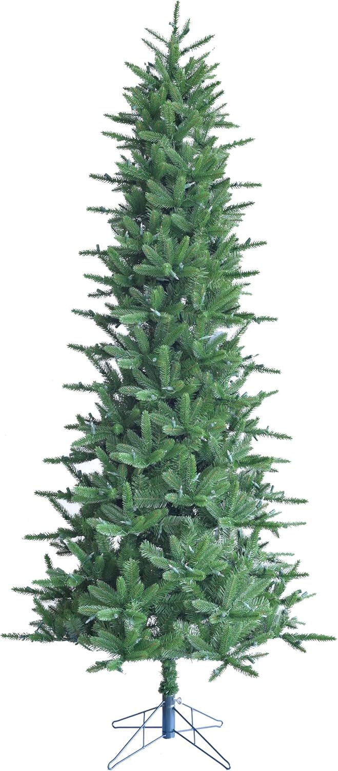 Fraser Hill Farm 7.5-Ft. Carmel Pine Slim Artificial Christmas Tree with Stand, Unlit Foldable Fake Tree with Realistic Foliage for Home Decoration