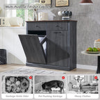 Modern Double Tilt-Out Trash Cabinet, 20 Gallon Fluted Laundry Hamper Cabinet with 2 Drawers, Wooden Hidden Garbage Can Cabinet with Storage Basket, Free Standing for Kitchen & Living Room, Grey