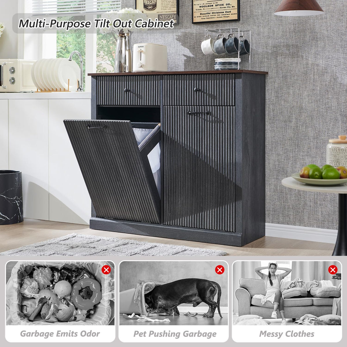 Modern Double Tilt-Out Trash Cabinet, 20 Gallon Fluted Laundry Hamper Cabinet with 2 Drawers, Wooden Hidden Garbage Can Cabinet with Storage Basket, Free Standing for Kitchen & Living Room, Grey