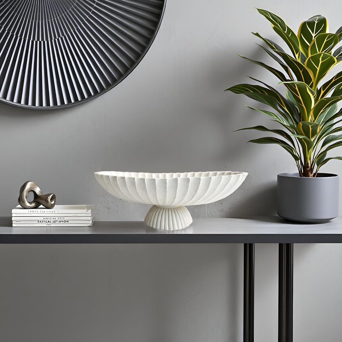 14.5" Large Decorative Long Bowl - Light Gray Fluted Scalloped Decorative Bowls for Home Decor - Ruffle Decor,Stylish Key Bowl for Entry Table,Decorative Fruit Bowl for Kitchen Counter