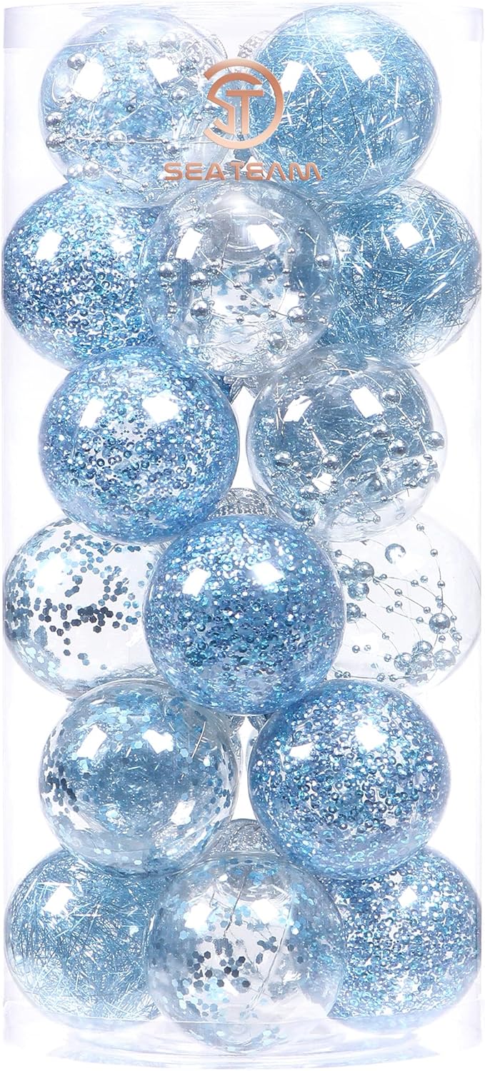 Sea Team Shatterproof Clear Plastic Christmas Ball Ornaments Decorative Xmas Balls Baubles Set with Stuffed Delicate Decorations (70mm/2.76 inch 24-Pack, Babyblue)