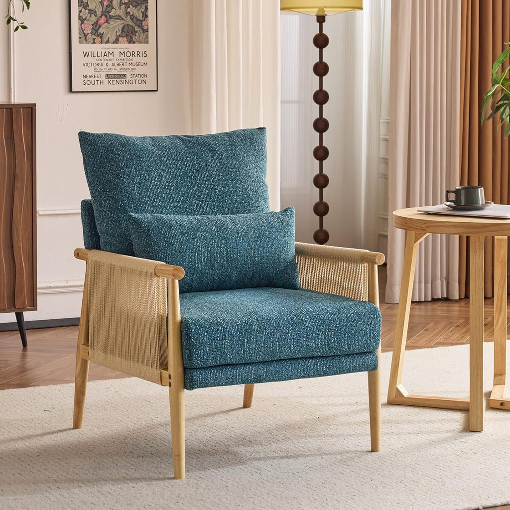 VINGLI Boho Braid Accent Armchair,Mid-Century Modern Chiar with Solid Wooden Armrest,Comfy Louge Cushion Chair with Waist Pillow for Bedroom,Living Room,Reading Room, Teal