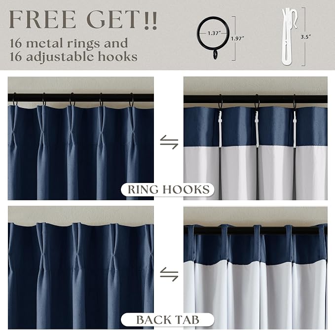 Navy Blue Pinch Pleat 100% Blackout Linen Curtains 2 Layers 45 Inch Long | - Image 6