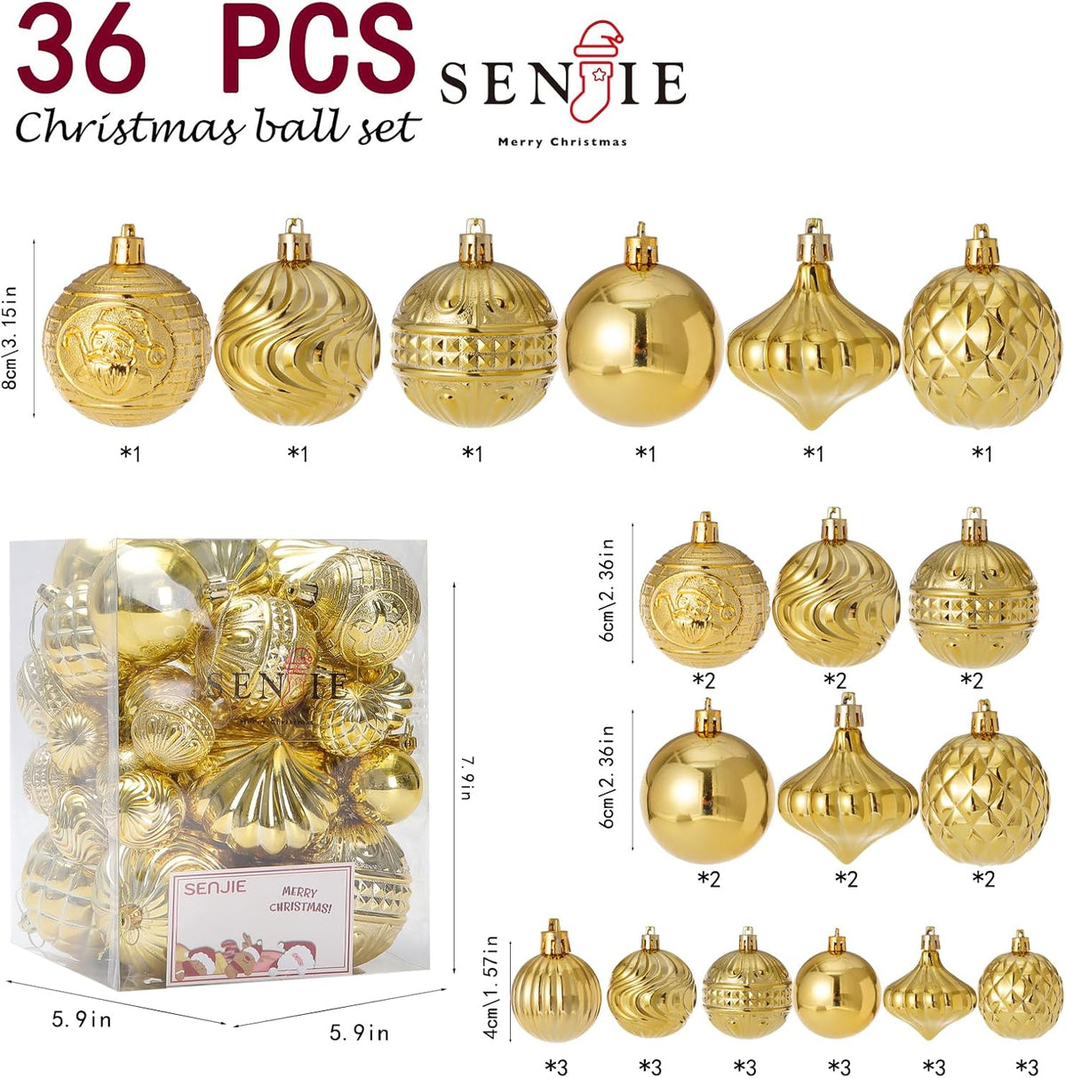 Christmas Ornaments Set with 36pcs Shatterproof Christmas Tree Decorations Multi-Size Christmas Ball Ornaments with 7 Styles Gold
