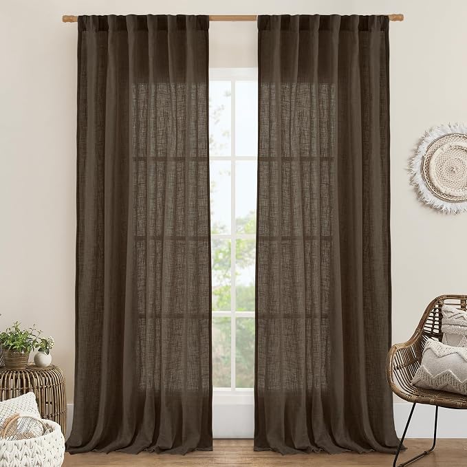 Dark Brown Sheer Linen Curtains 2 Panels Set Light Filtering Panels | 108 inch by LAMIT