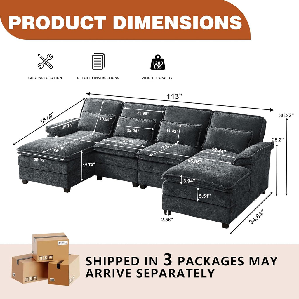 113" Oversized Cloud Couch, U Shape Sectional 4 Seat Sofa with Double Chaises, 2 Layer Cusions, Deep Seat Comfy Sofa, Upholstery Chenille Fabric for Living Room, Dark Grey