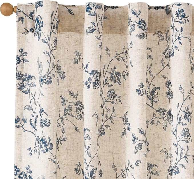 Blue Vintage Floral Linen Curtains Farmhouse 38W X 84L 2 Panels | Elisa Series by Lazzzy