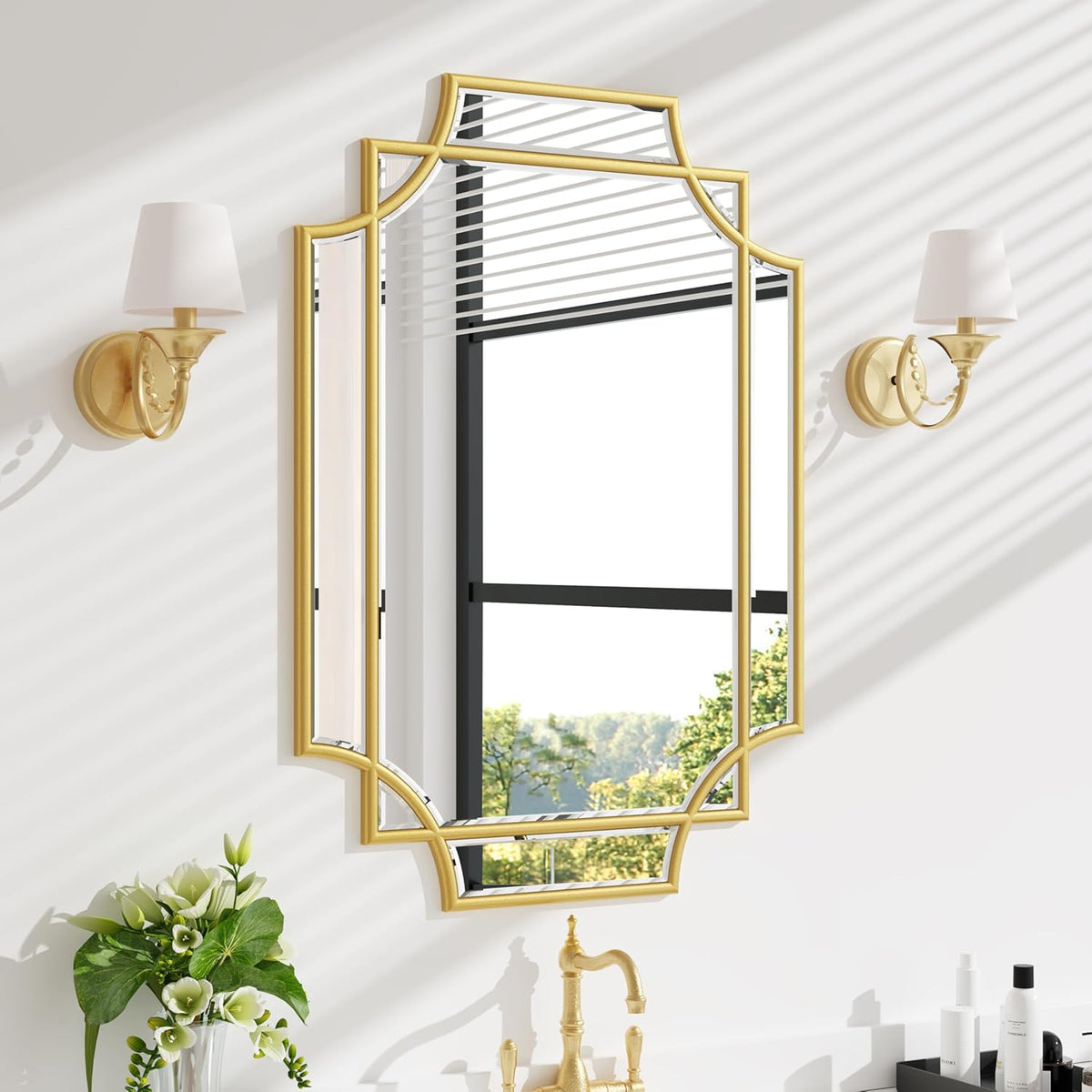 Bathroom Mirror for Wall Gold Farmhouse Wall Vanity Mirror for Over Sink Wood Framed Beveled Mirrors Deco（20 * 28IN/Gold）