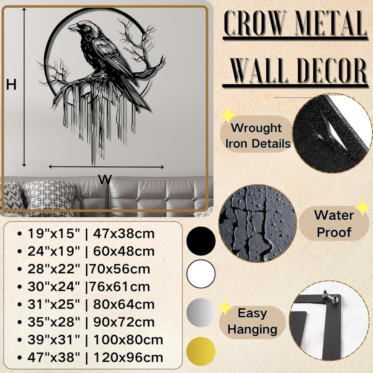 Crow Metal Wall Decor, Raven Wall Art, Large Gothic Raven Decor Hangings, Bird Wall Decor, Metal Tree Branch Decor, Ravens Sign, Raven Art for Living Room (Black, 47"x38" | 120x96cm, metal wall art)