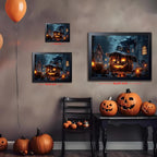 Wood Framed Dark Halloween Pumpkin Wall Art, Gothic Witch Hat Jack-o'-Lantern Canvas Print, Dark Academia Spooky Haunted House Poster Wall Art for Living Room Bedroom Room Aesthetics 16x24 inch
