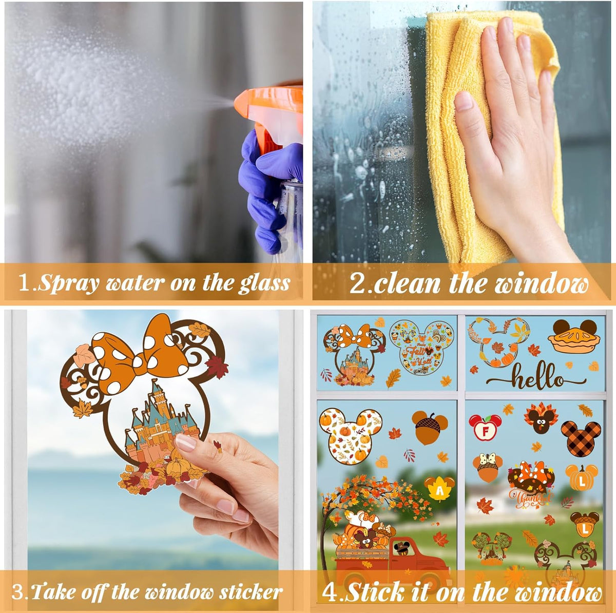 Mouse Themed Fall Window Clings - 9 Sheets Removable Thanksgiving Stickers for Glass Windows, Autumn Decorations