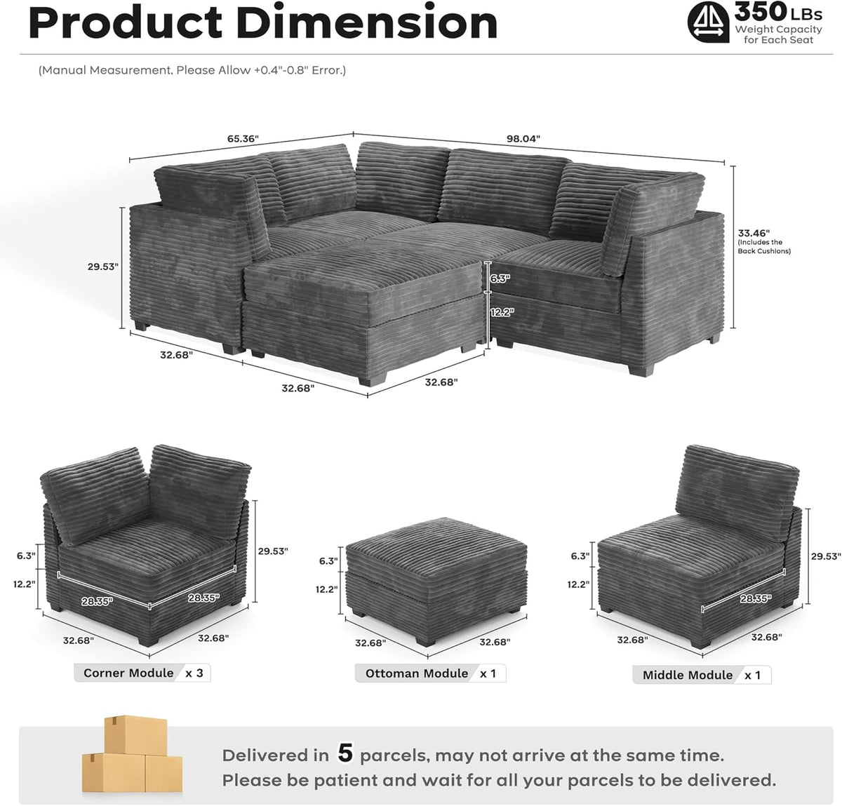 ovios Sectional Sofa Couch with L-Shape Chaise Sofa Bed, Comfy Modular Cloud Couches with Deep Seat, Modern Upholstered Plush Corduroy Sofas Set for Living Room, 5-Seater, Grey