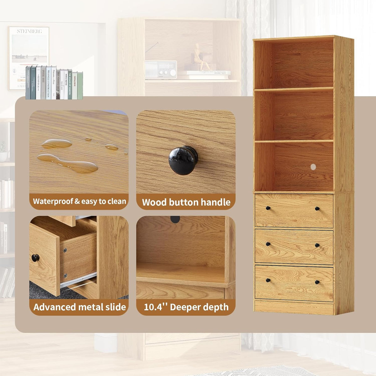 71" Tall Bookshelves Set of 3, 1 Bookcase with Drawers & 2 Bookshelves with Doors, Wooden Floor Standing Display Storage Shelves for Home Office, Living Room