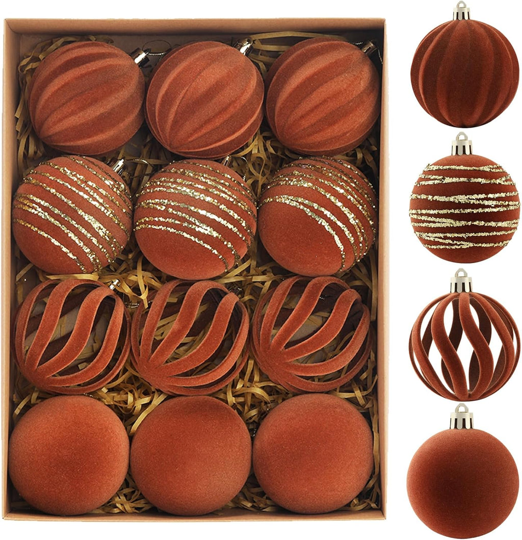Christmas Ornaments Set of 12, 3.15" Flocked Velvet Balls with Hand Painted Designs, Brown Elegant Christmas Tree Decorations in Gift Box