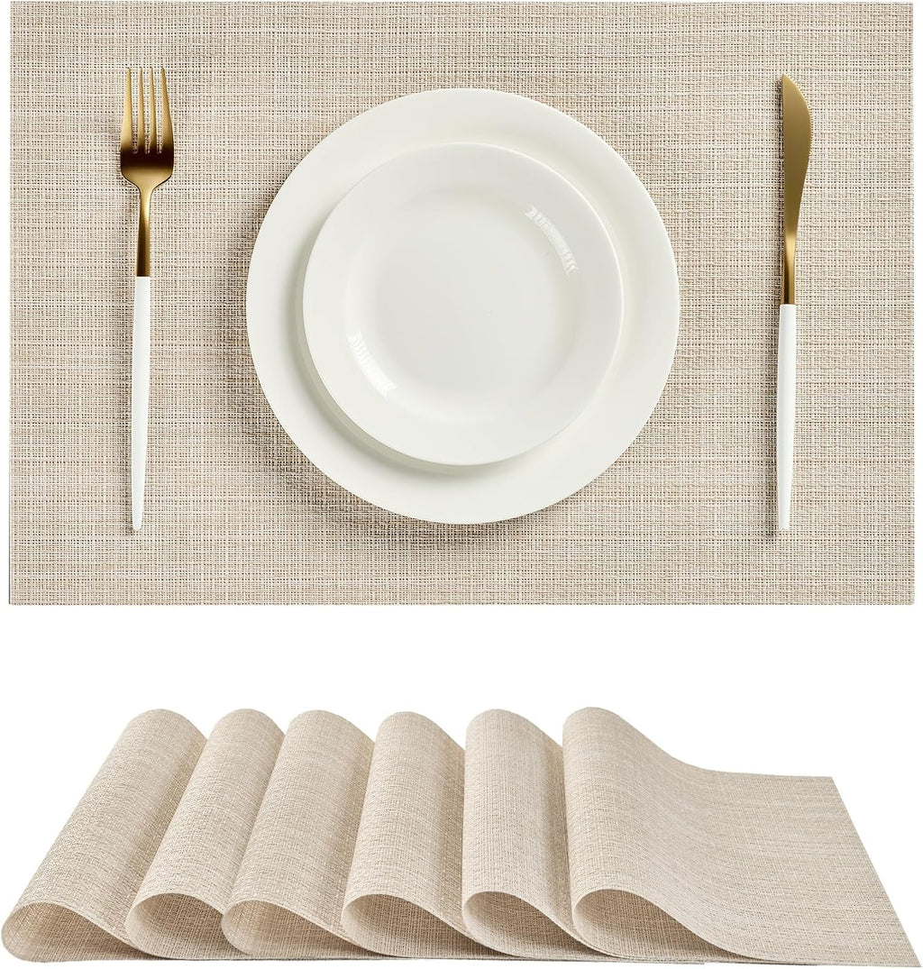 Leetaltree Beige Placemats Set of 6 - Heat Resistant Non-Slip Place mats for Dining Table, Washable Durable PVC Vinyl Woven Table Mats（Beige, 6）