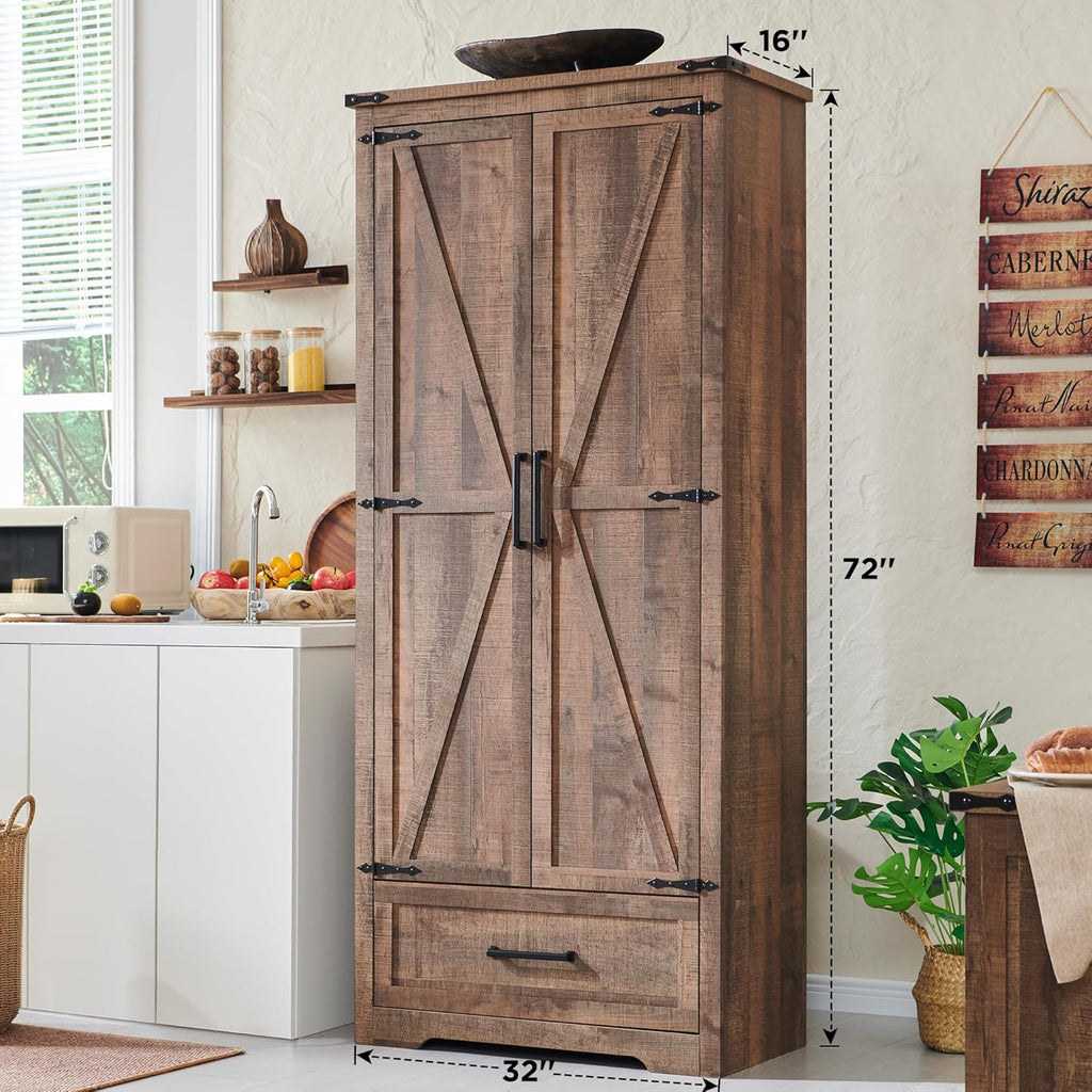 72" Tall Wood Storage Cabinet, Farmhouse Kitchen Pantry Cabinet with Adjustable Shelves & Drawer & Barn Doors, Versatile Storage for Kitchen, Dining Room, Bathroom, Light Brown