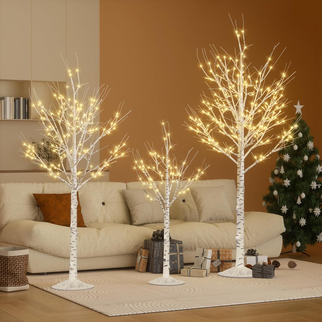 Outdoor Christmas Decorations Lighted Birch Tree Set of 3, LED Warm White 4, 6 and 8 Feet, for Indoor Christmas Decor, Party, Garden, Yard, Wedding, Holiday